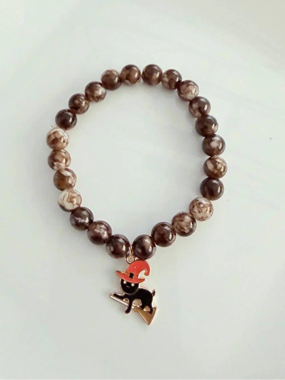 Brown Beaded Charm Bracelet with Witch Cat